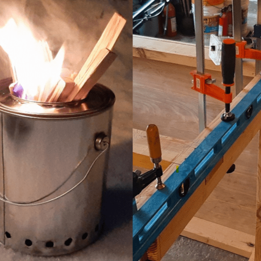 composite image. fire can and workbench.